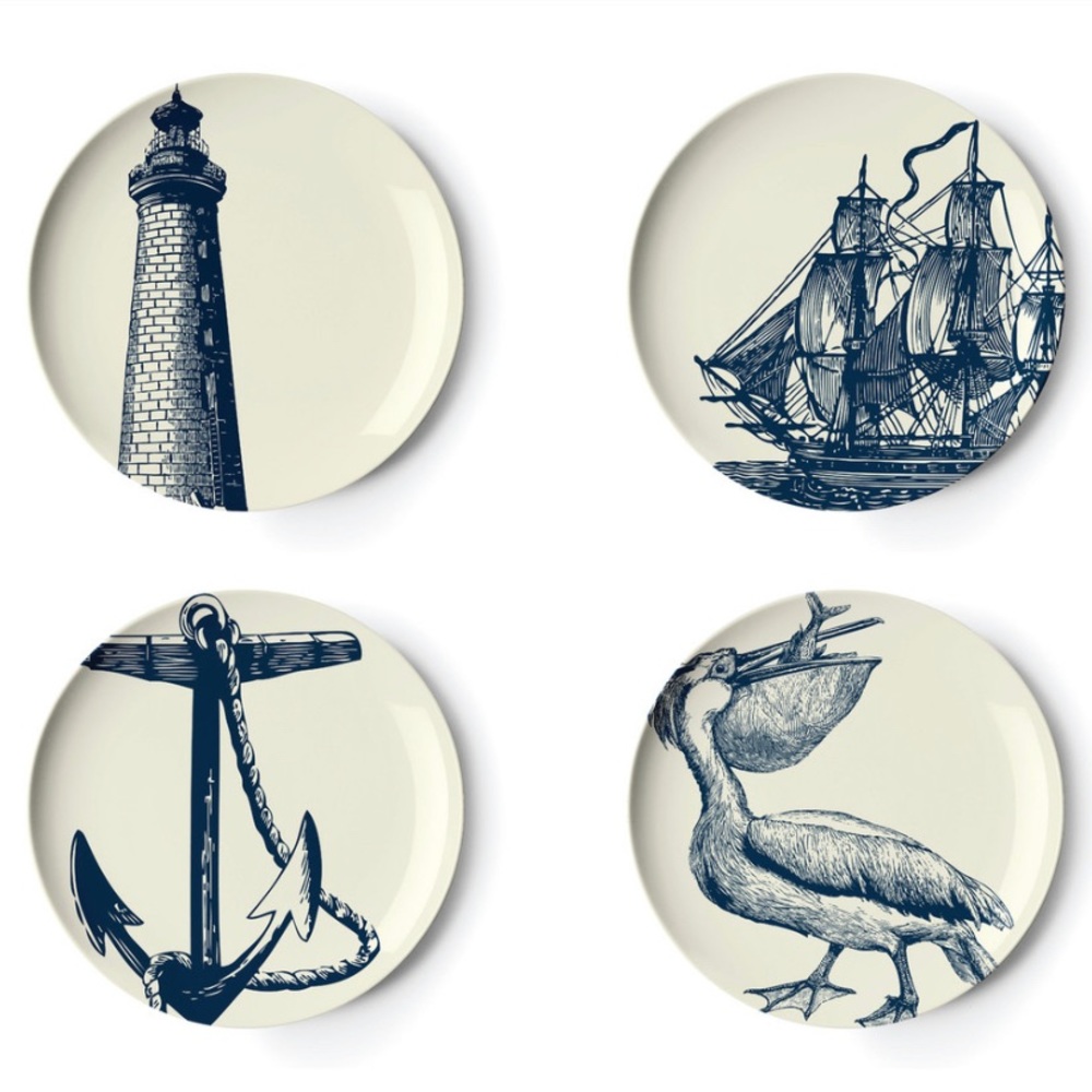 Thomas Paul SCRIMSHAW MELAMINE DESSERT/APPETIZER PLATE SET of 4 NWT